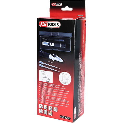 Schwarz-rote Produktverpackung mit Produktabbildung. Enthält einen Refraktometer in einer Box. Das Logo von KS Tools ist oben links zu sehen.